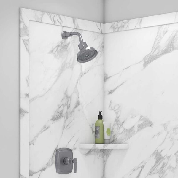Elegance 36 in. x 48 in. x 80 in. 7-Piece Easy Up Adhesive Corner Shower Wall Surround in Calacatta White